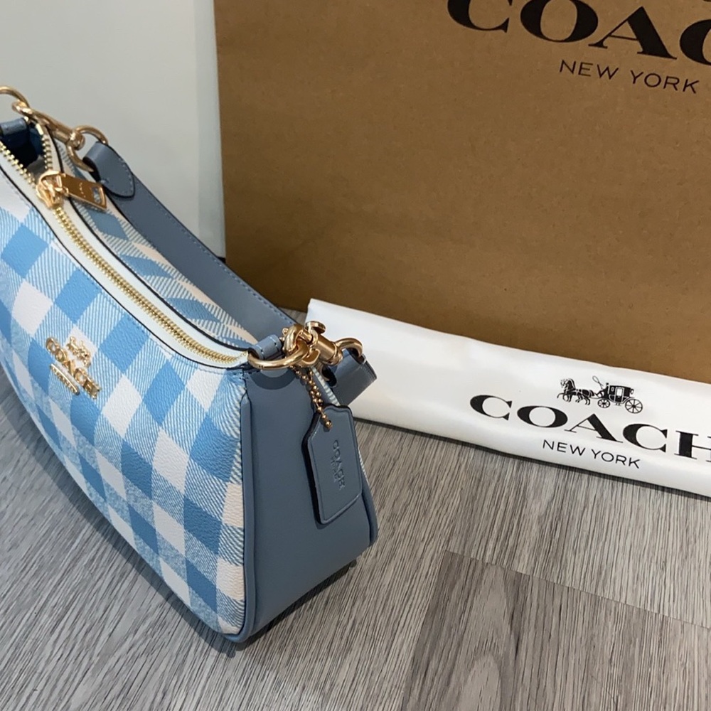 Coach Light Blue Gingham Shoulder Bag with Gold Hardware - Picture 4 of 7